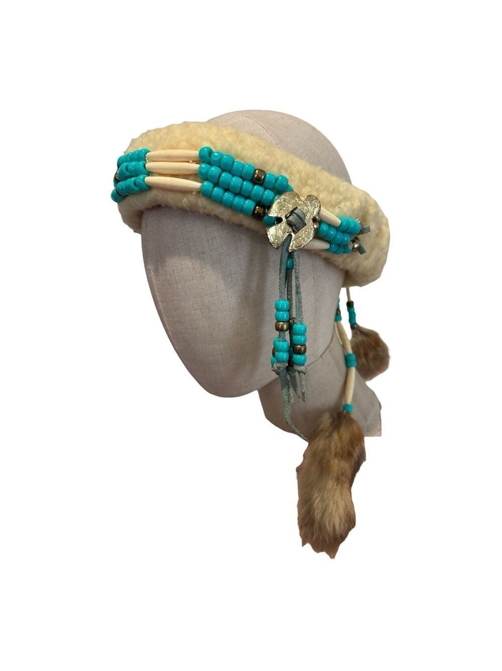 VTG NATIVE INSPIRED HEADBAND THUNDERBIRD MEDAL & SILVER W FAUX TURQUOISE BEADS - Picture 3 of 7